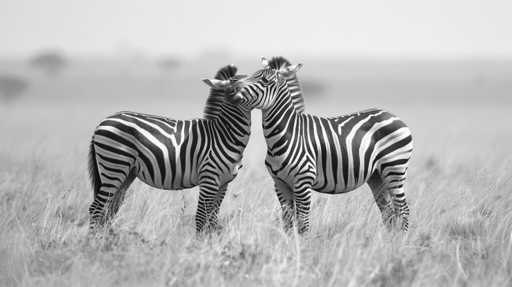 Zebras Affection – Stock Picture of Two Zebras Embracing, Close-Up Shot in Tanzania, Black and White