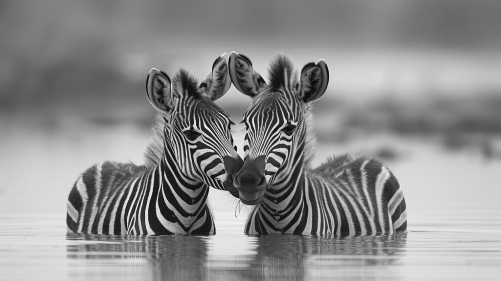 Zebras Hugging in Africa – Stock Image Capturing Two Zebras Embracing, Tanzania Safari, Black White