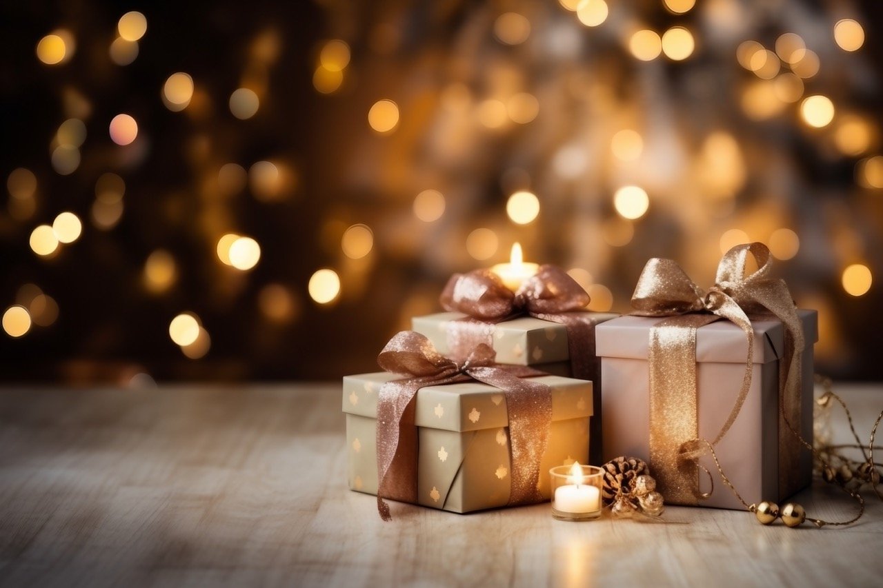 A captivating stock photo showcasing attractive Christmas gifts and decorative lighting