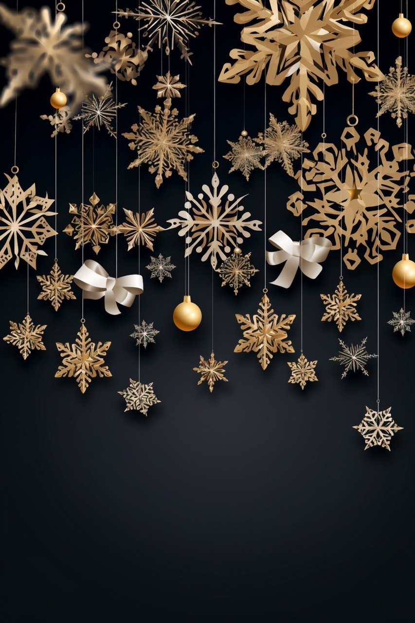 A festive black Christmas backdrop adorned with white snowflakes