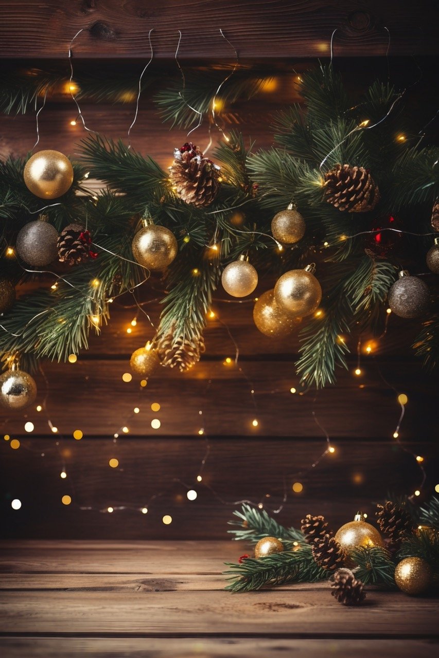 A stock photo presenting a backdrop for Christmas and New Year, featuring fir branches, Christmas balls, and twinkling lights