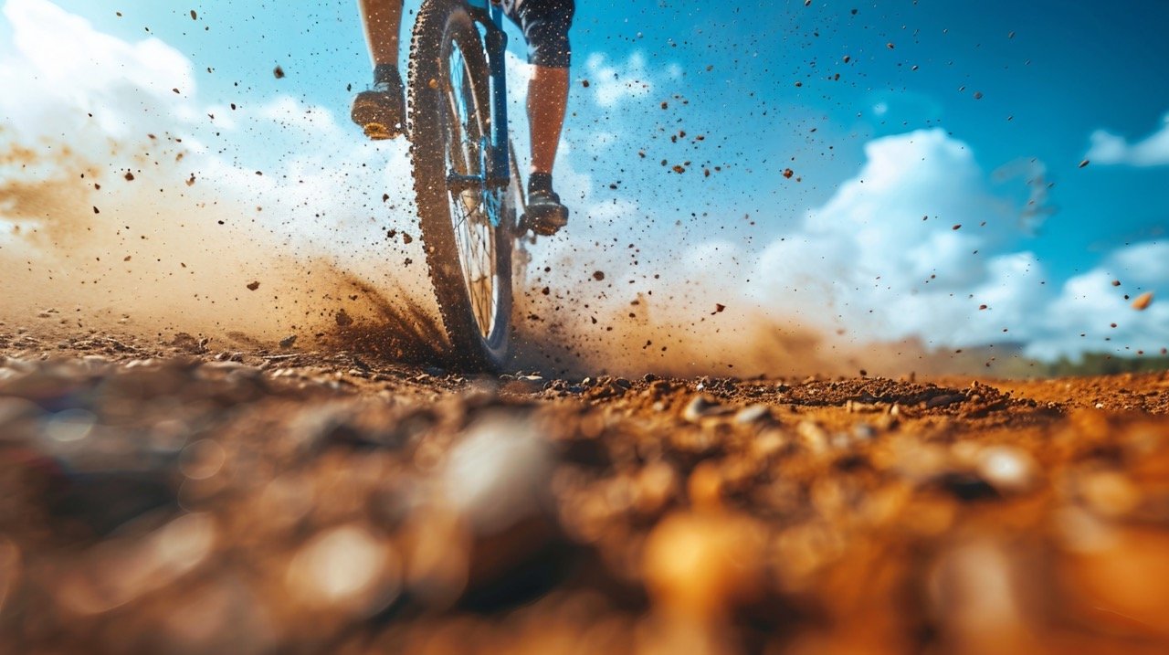 Action-Packed Mountain Biker Close-Up Dirt Stock Photo Scene