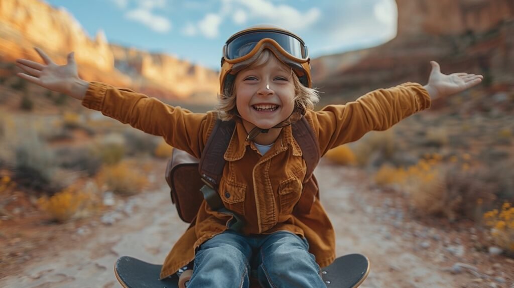 Adventure awaits – stock image of a young boy in flight gear with suitcase on skateboard