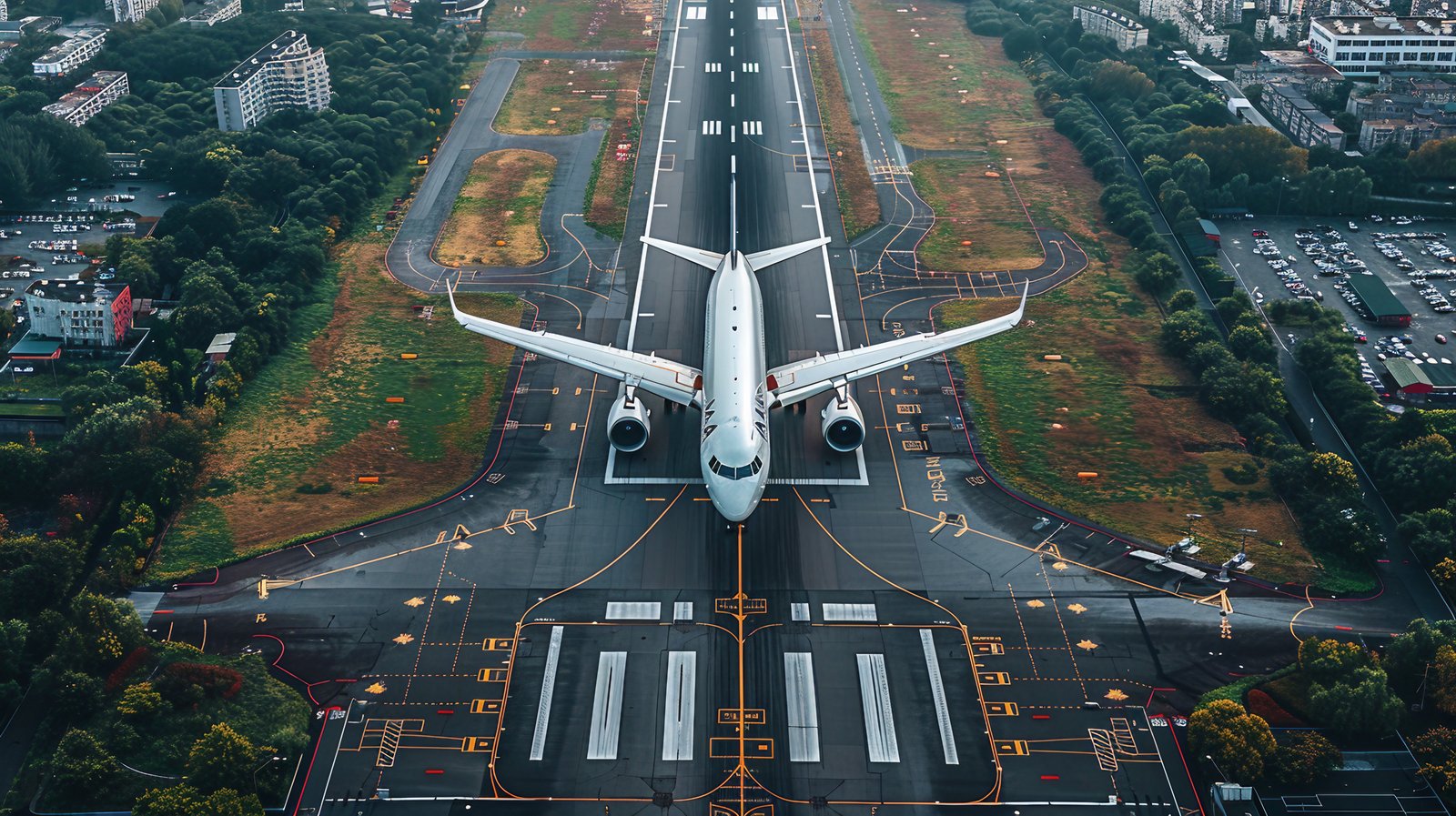 Aerial perspective of airport runway – aviation stock photo