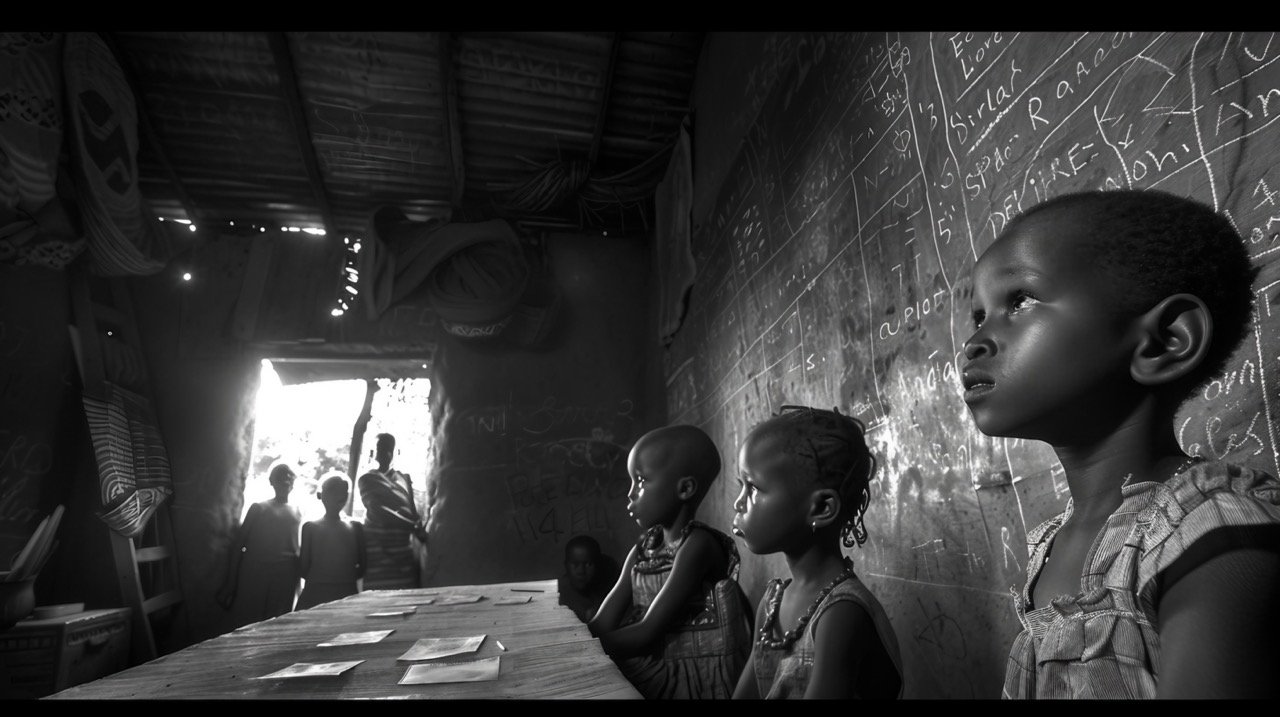 African orphanage Little girls studying English in dim-lit classroom – Kenya stock image