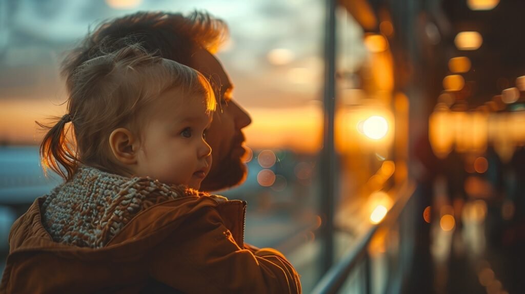 Airport bonding with daughter – stock photo of Asian father carrying cute girl, watching airplane together