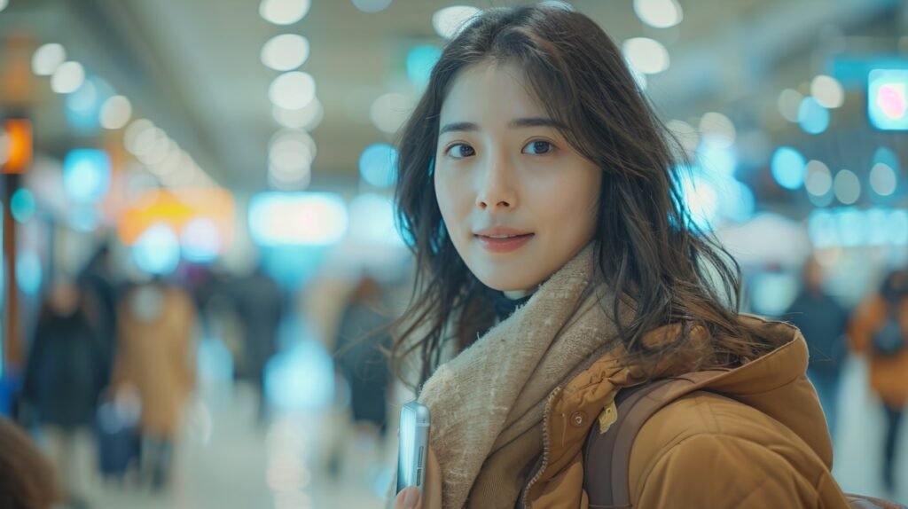 Airport traveler – stock photo of young Asian woman with suitcase and smartphone, ready for travel