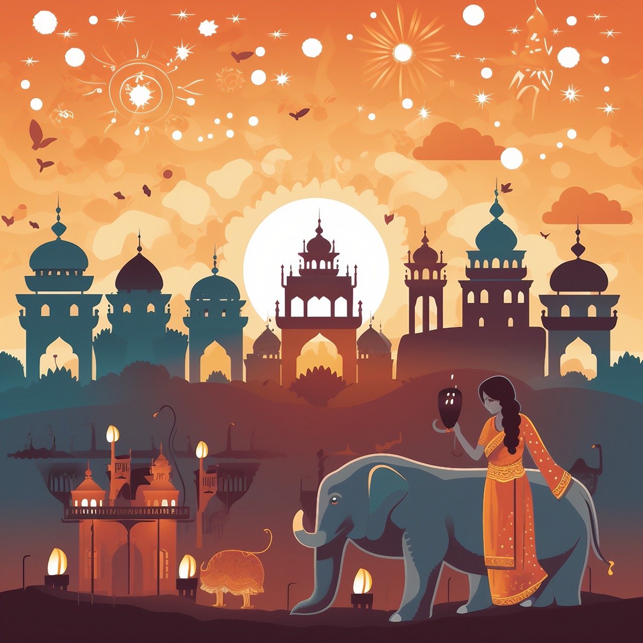 An artistic rendering captures the essence of an Indian holiday with figures holding lanterns and an elephant in vector form