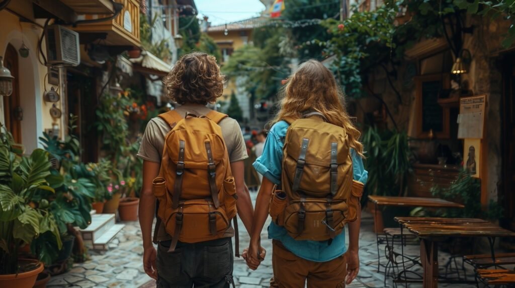 Anticipating travelers at resort – stock photo of couple eager for room view