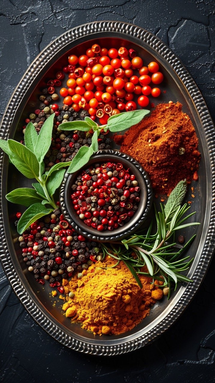 Aromatic Herbs and Spices – Flat Lay Overhead View on Textured Black Background in Stock Photo