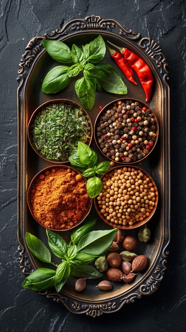 Aromatic Spices in Vintage Silver Plate – Flat Lay Overhead View on Textured Black Background in Stock Photo