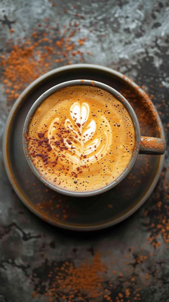 Artistic Cappuccino Cup – Top-Down View in Captivating Stock Photo on Table