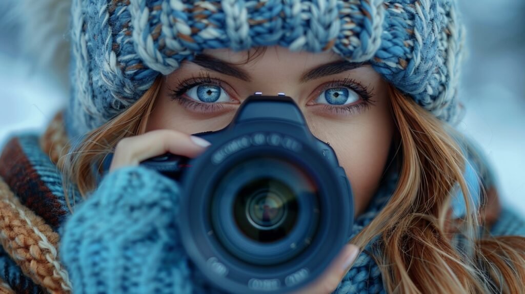 Artistic Woman Embracing Lens Captivating Portrait – Stock Image