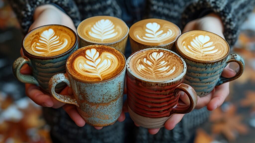 Artistic cappuccino Hands holding cups – Stock photo from above for coffee lovers