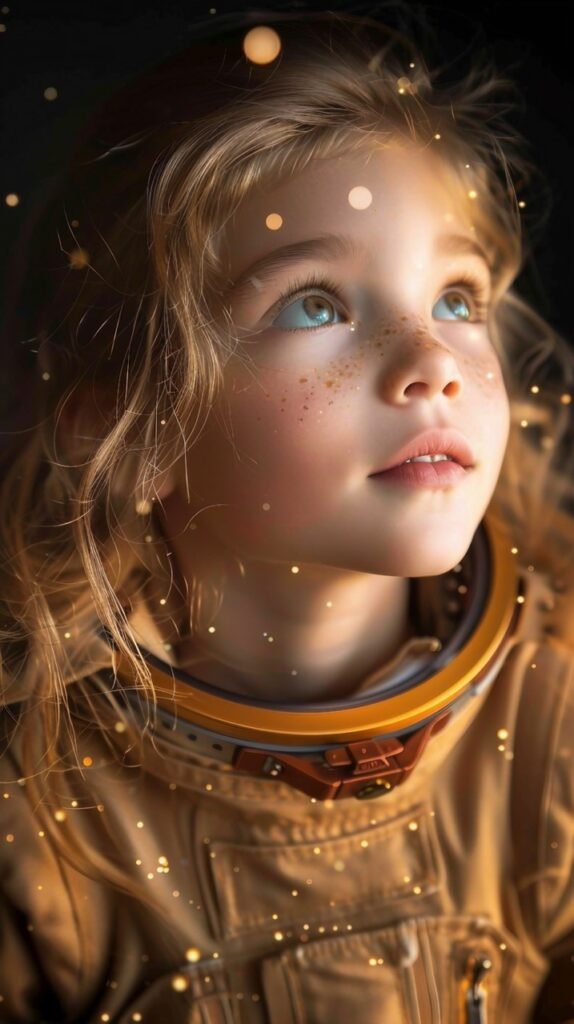 Astronaut Suit Joy Young Girl’s Delightful Experience – Stock Photo of Childhood Exploration