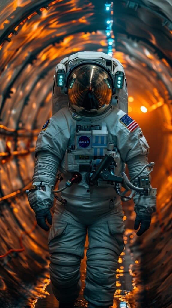 Astronaut in Space Tunnel – Futuristic Exploration Concept, Stock Photo