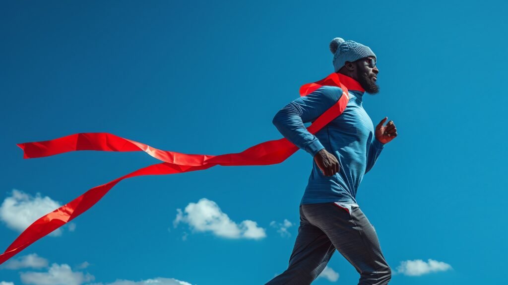 Athlete Crossing Finish Line Dynamic Red Ribbon Stock Photo, Runner in Action