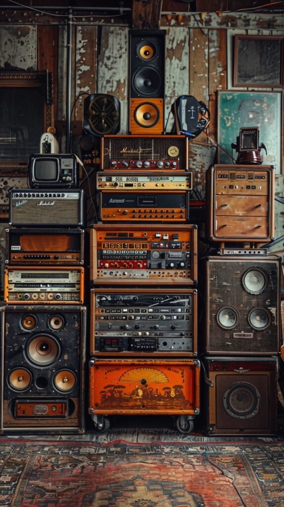 Audio Equipment Stack – Stock Photo of Amps and Speakers Pile