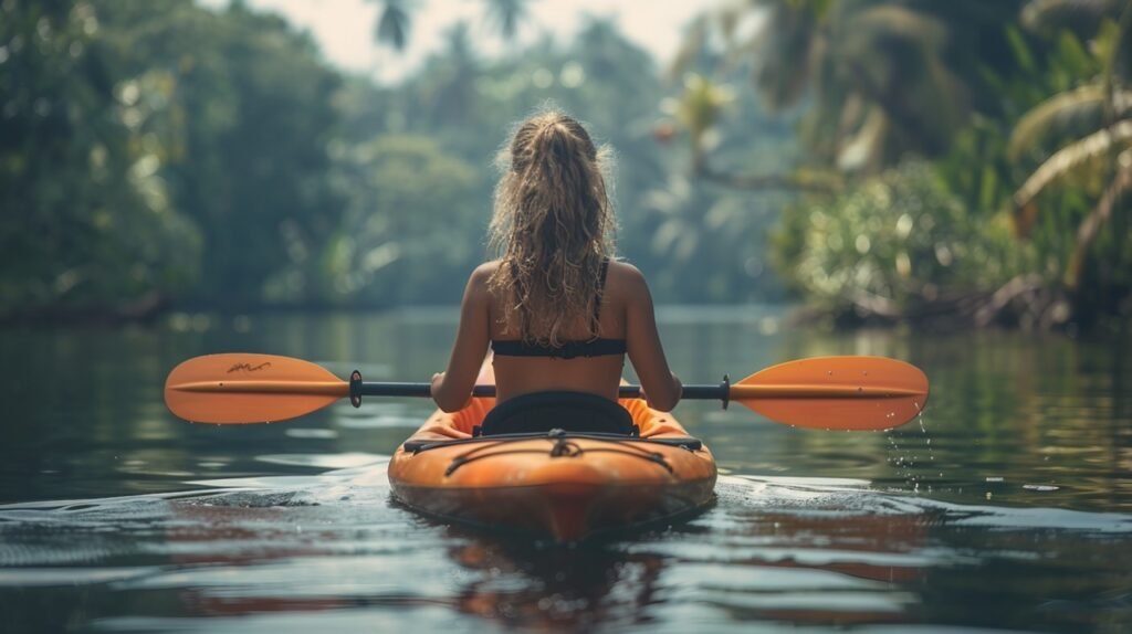 Backwaters adventure – stock image of a young woman kayaking in Monroe Island, Kerala, South India