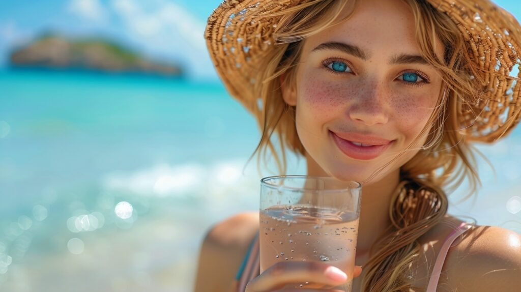 Beachside drink Woman drinking water – Stock image showing seaside hydration post-run at the beach