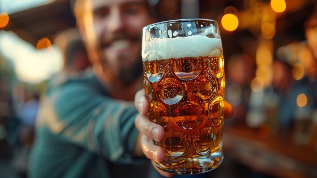 Beer enjoyment Man drinking pint – Stock photo capturing a moment of beer enjoyment