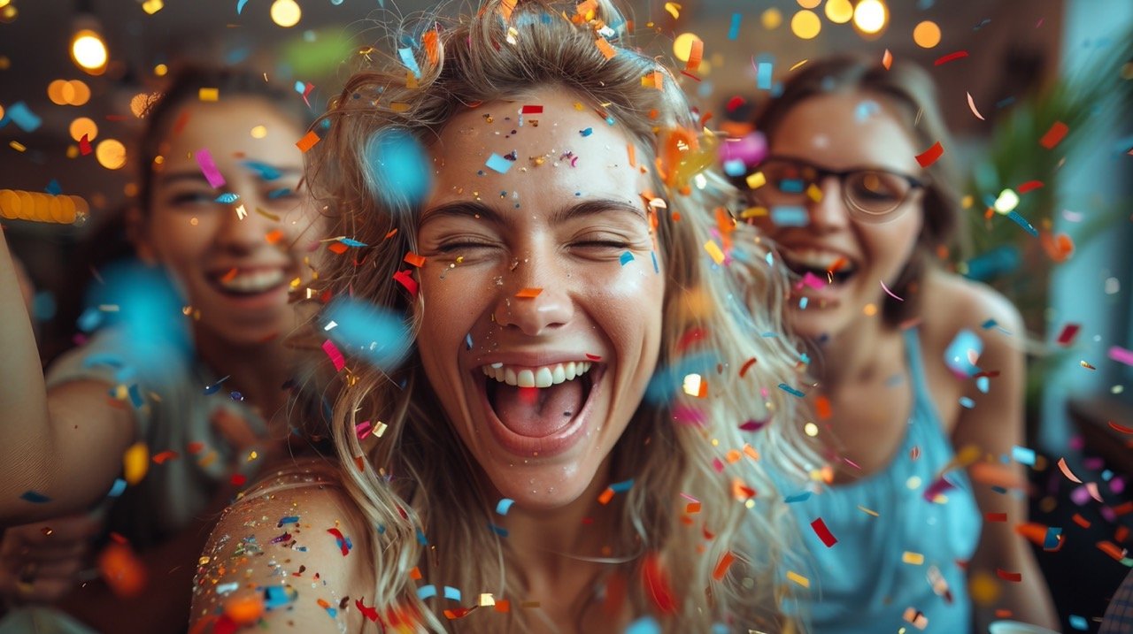 Birthday Festivities with Confetti – stock picture of coworkers enjoying a celebratory office birthday party