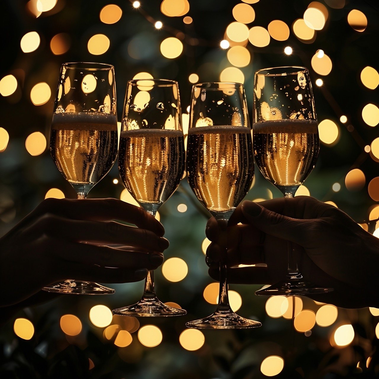 Birthday Toast Silhouettes with Champagne – stock image of celebratory hands and festive lights