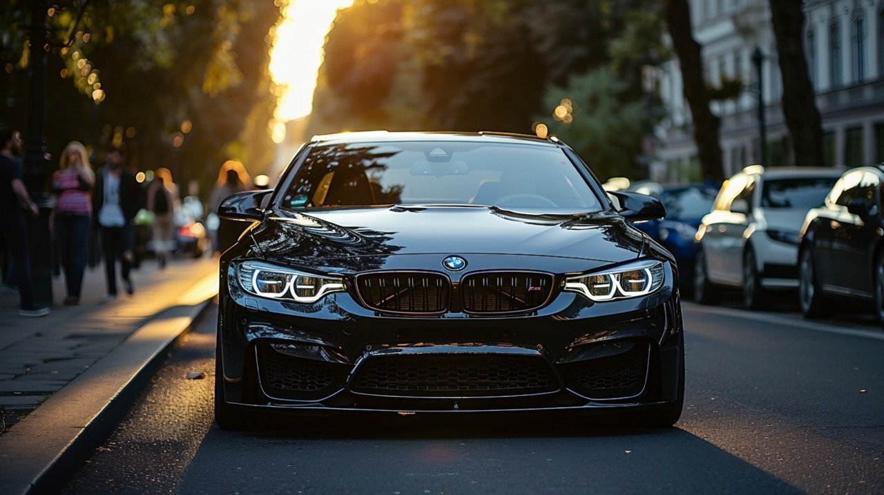 Black BMW Car Driving on Road Daytime Stock Image Ideal for Car Enthusiasts and Automotive Use