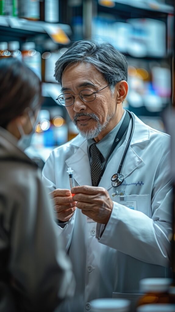 Blood Sugar Check Pharmacist Monitoring Customer’s Levels – Insulin Pen – Healthcare Stock Photo