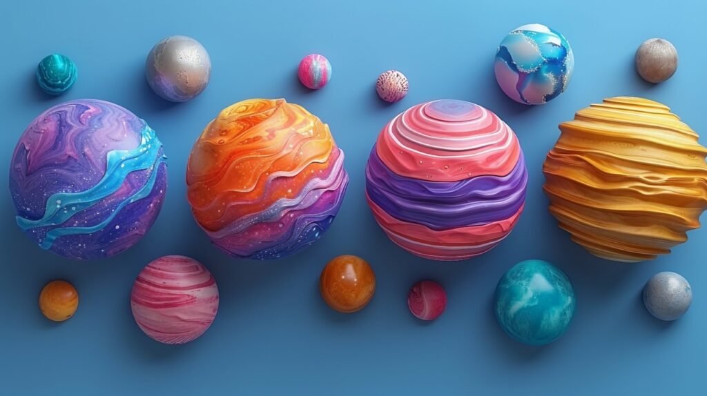 Blue-Purple Astronomical Background – Stock Photo Featuring Eight Cartoon 3D Models of Celestial Bodies