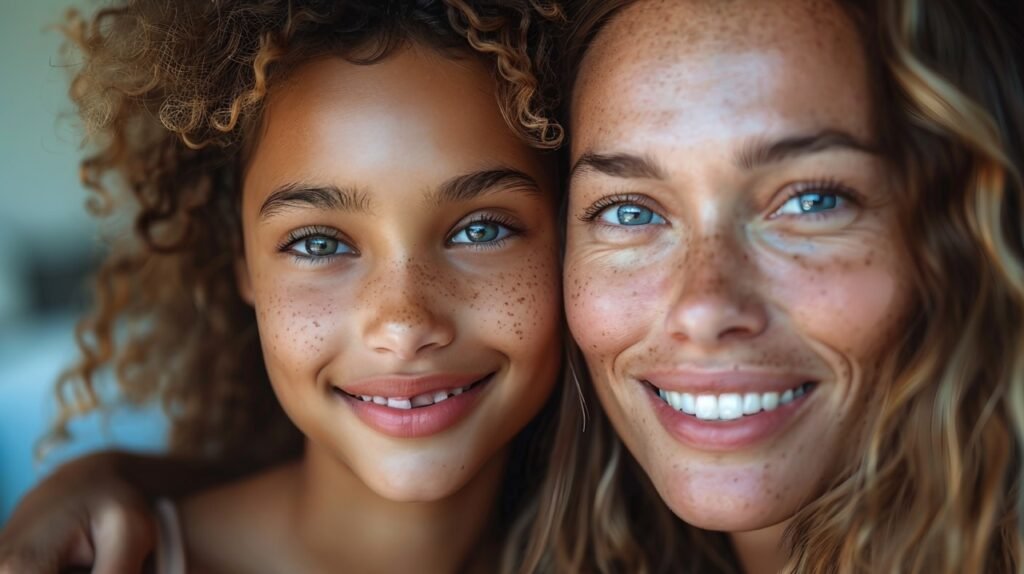 Bonding Moment Mother, Daughter Smiling Portrait – White Background Stock Picture