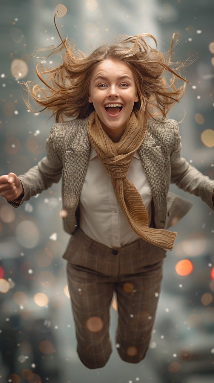 Busy Businesswoman Jumping with Mobile Phone in Air – Stock Photo Capturing Dynamic Business Lifestyle