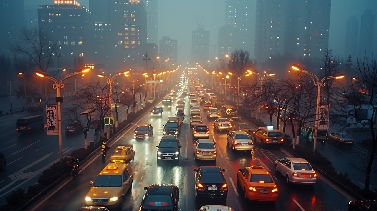 Busy City Street – China’s Beijing Packed with Traffic, Air Quality Concerns, Commuter Mobility – Stock Photo