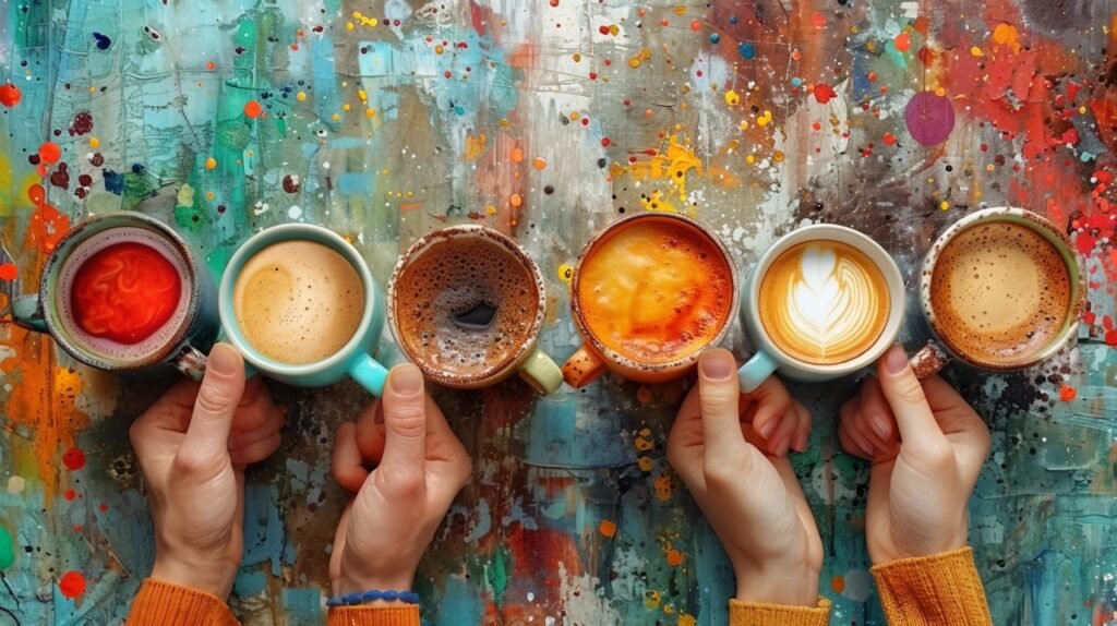 Caffeine indulgence Hands cradling cappuccino cups – Stock image from above for coffee addicts