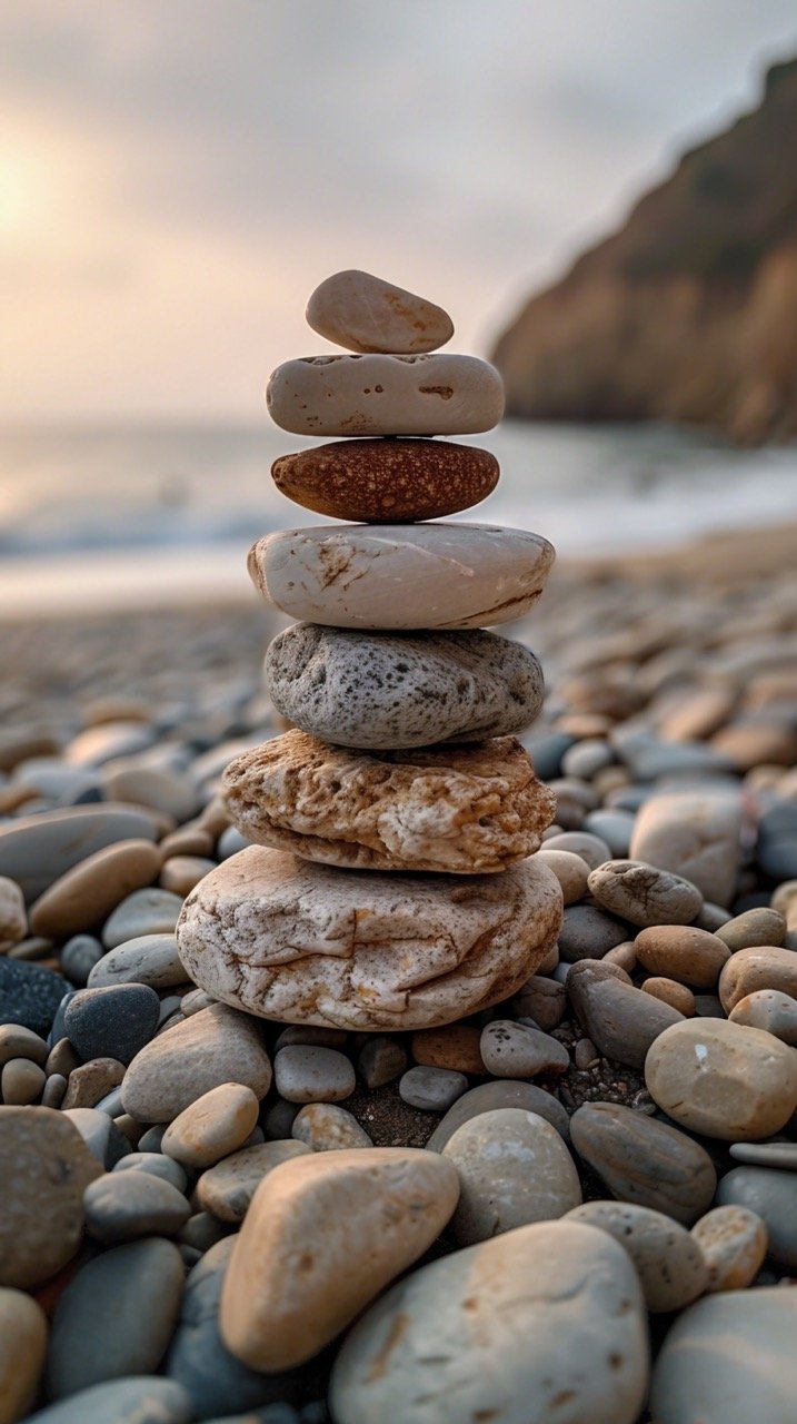 Calm Beachscape – Stacked Rocks by Malibu USA Beach, Zen-like Calmness and Relaxation – Stock Photo