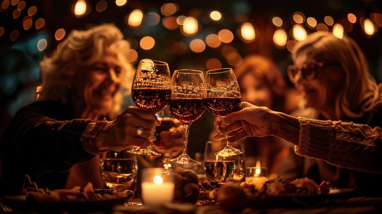 Candlelight Wine Toast – stock photography capturing senior friends’ celebratory red wine toast at a social gathering