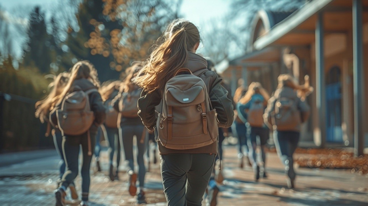 Captivating moment Excited students rush to school entrance – Rear view captured in lively stock photo