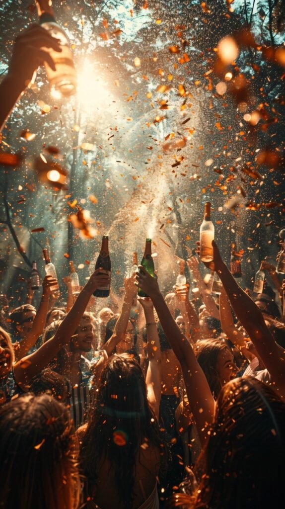 Celebration toss People lifting bottle vertically – Stock photo capturing festive celebration