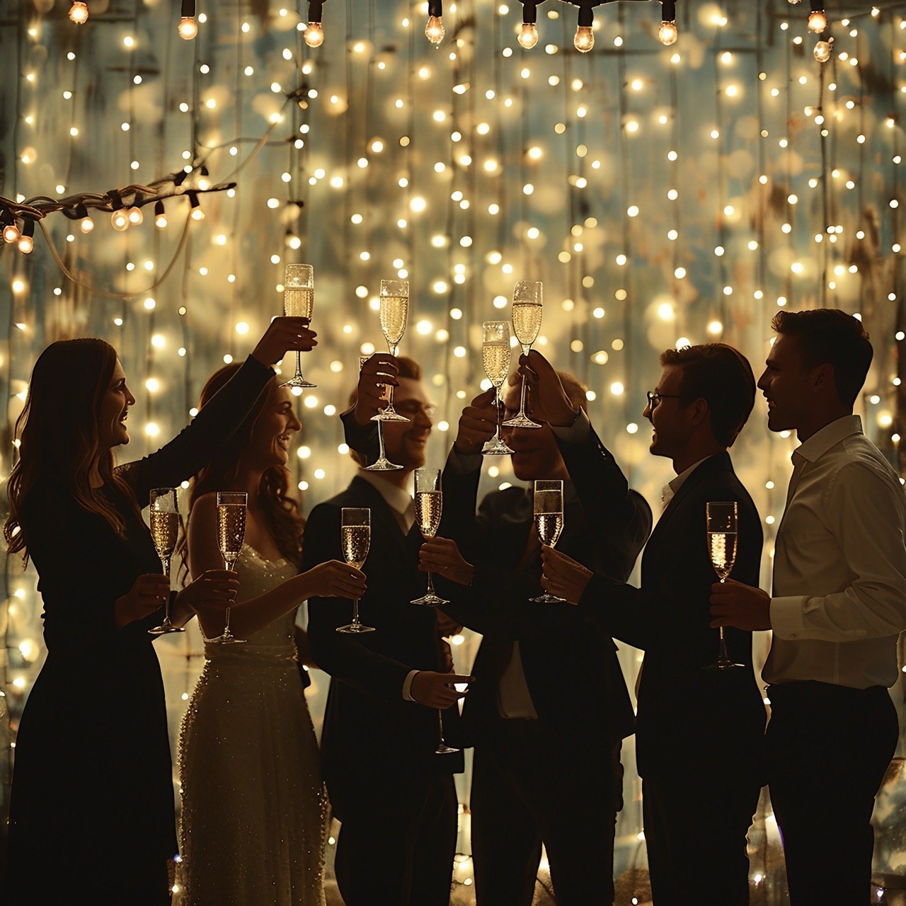 Champagne Celebration with String Lights – stock photo of festive birthday toast with silhouettes