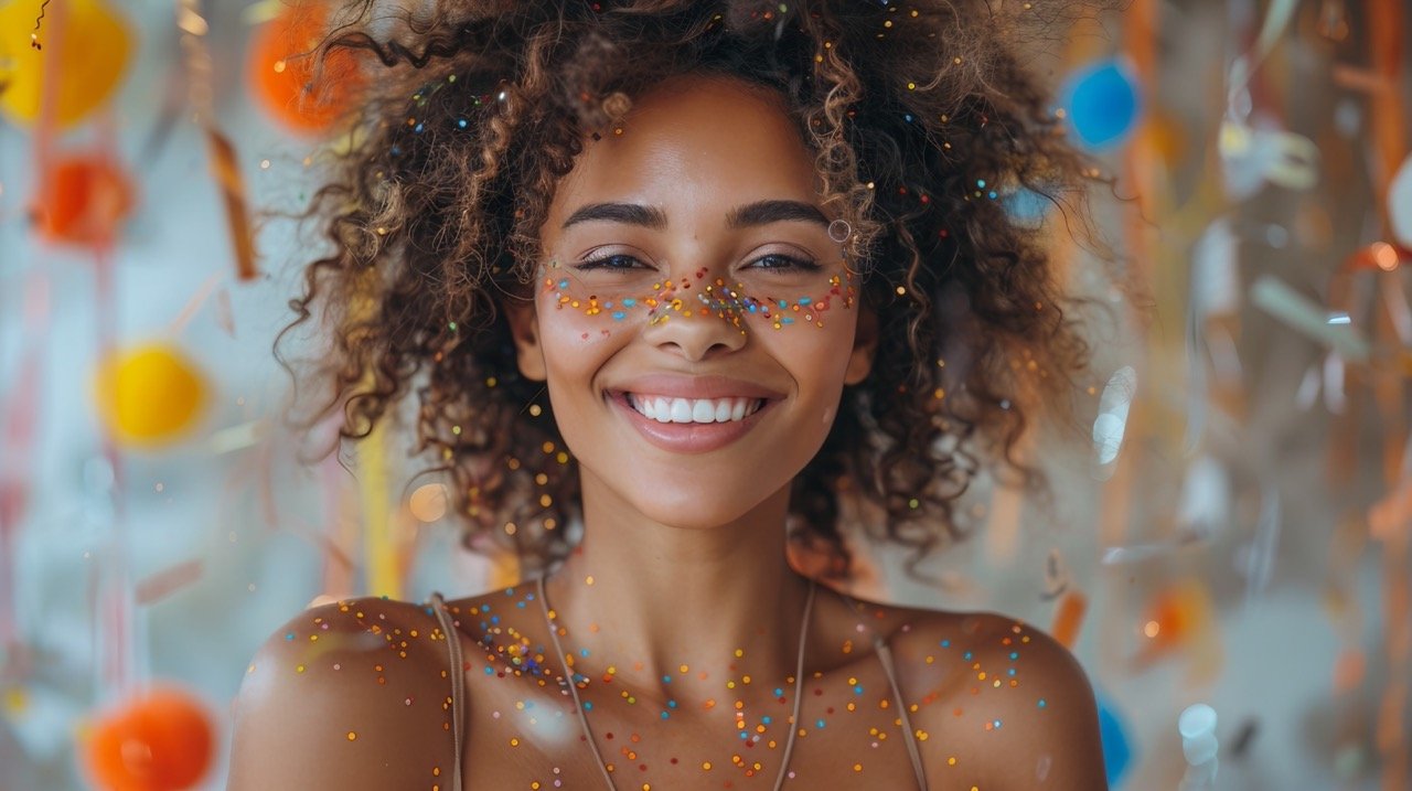 Cheerful Dancing Woman in Confetti Rain – stock picture of a happy African American woman dancing joyfully