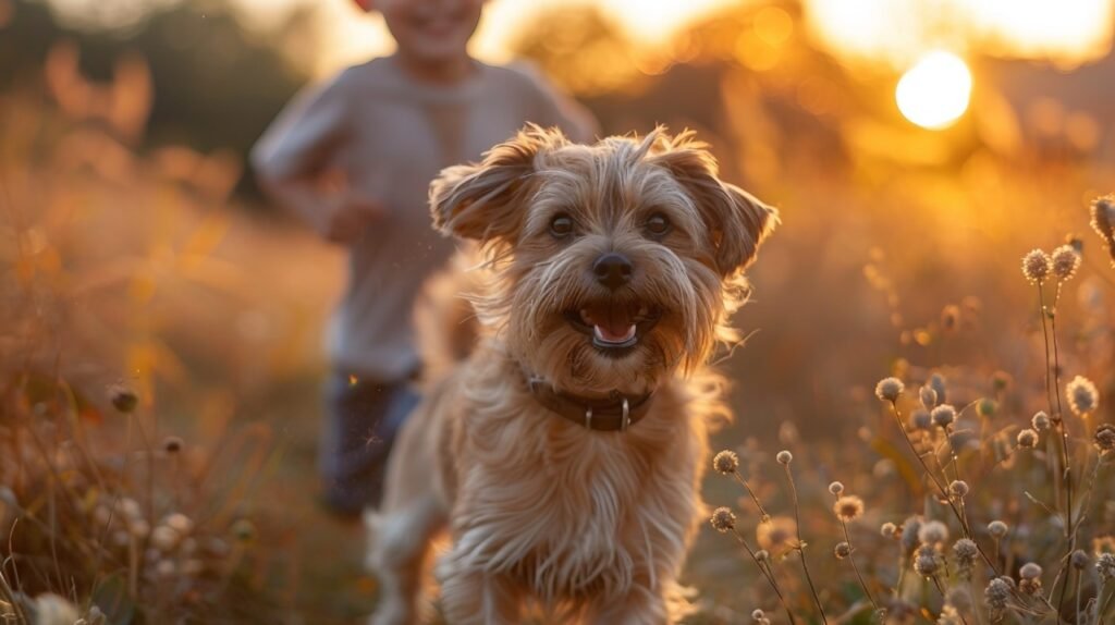 Child and Dog Run – Young Boy with Bergamasco Shepherd Running on Meadow in Bergamo, Italy Stock Photo