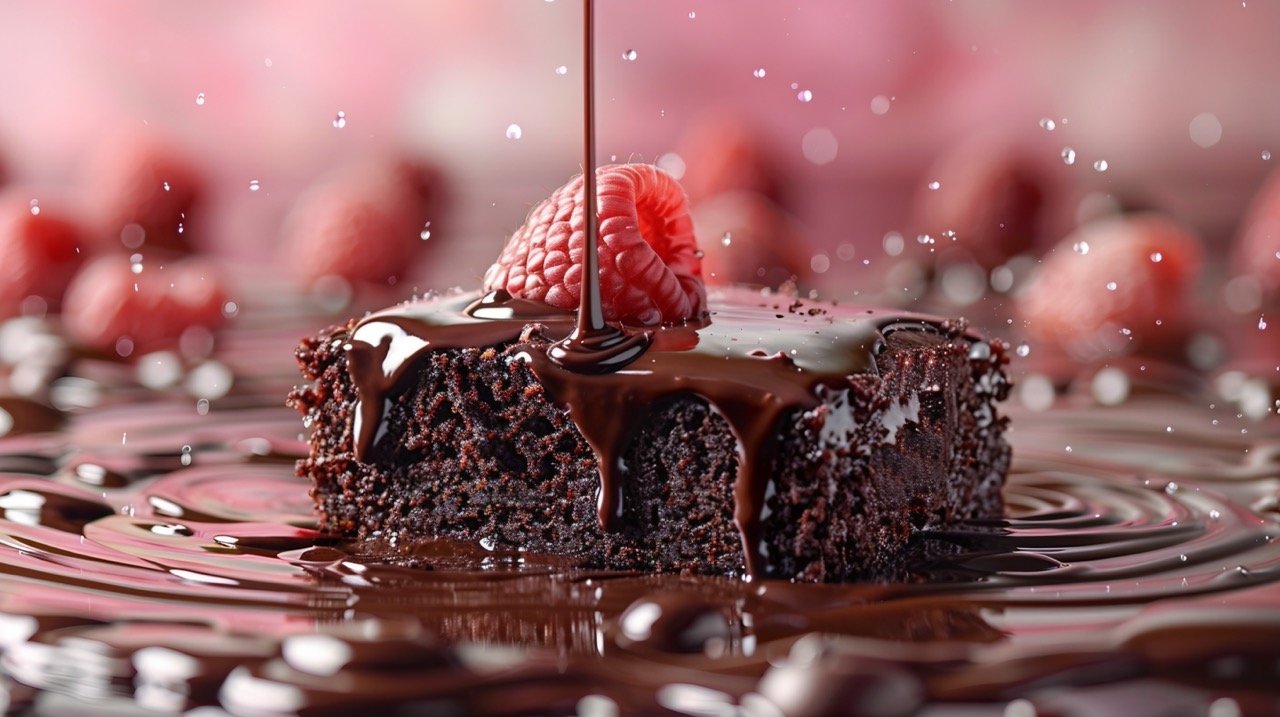 Chocolate Cake Drizzle Stock Photo, Pouring Frosting, Pink Background