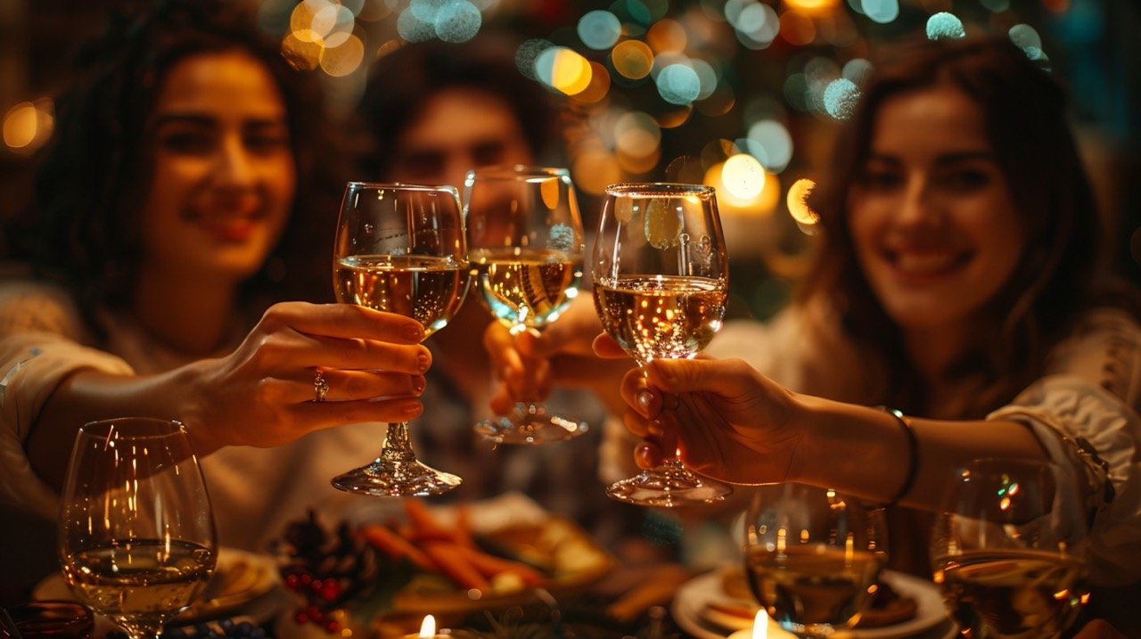 Christmas Dinner Celebration – stock photography of a family enjoying a festive toast during their home celebration