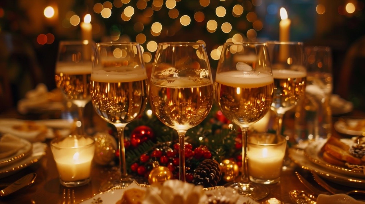 Christmas Dinner Toast – stock photo of a family joyfully toasting during Christmas dinner at home