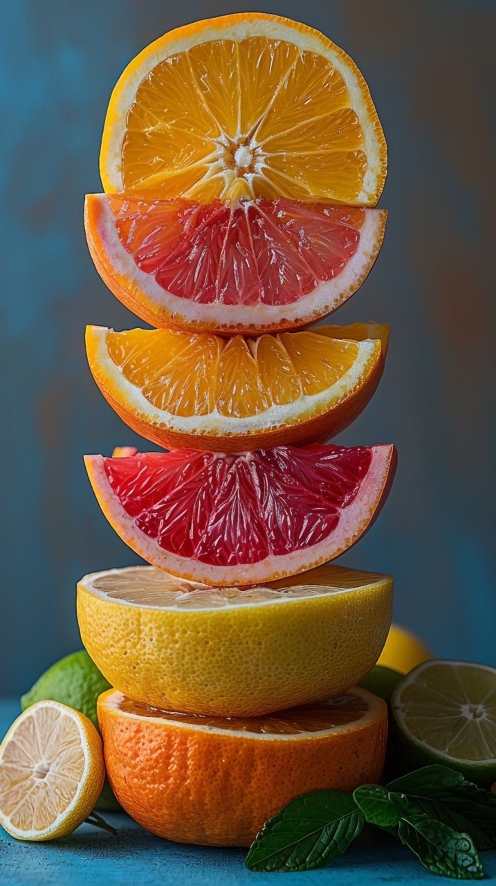 Citrus Still Life Assorted Stack, Vibrant Fruits, Light Blue Background – Best SEO