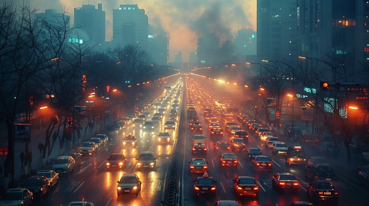 City Bustle in Beijing – Traffic Congestion, Air Pollution, Morning Commutes – Stock Photo