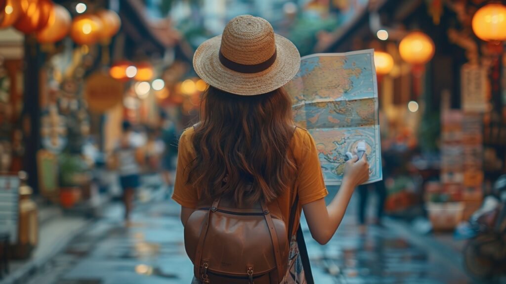 City exploration – stock image of a young brunette woman solo traveler in Singapore street market