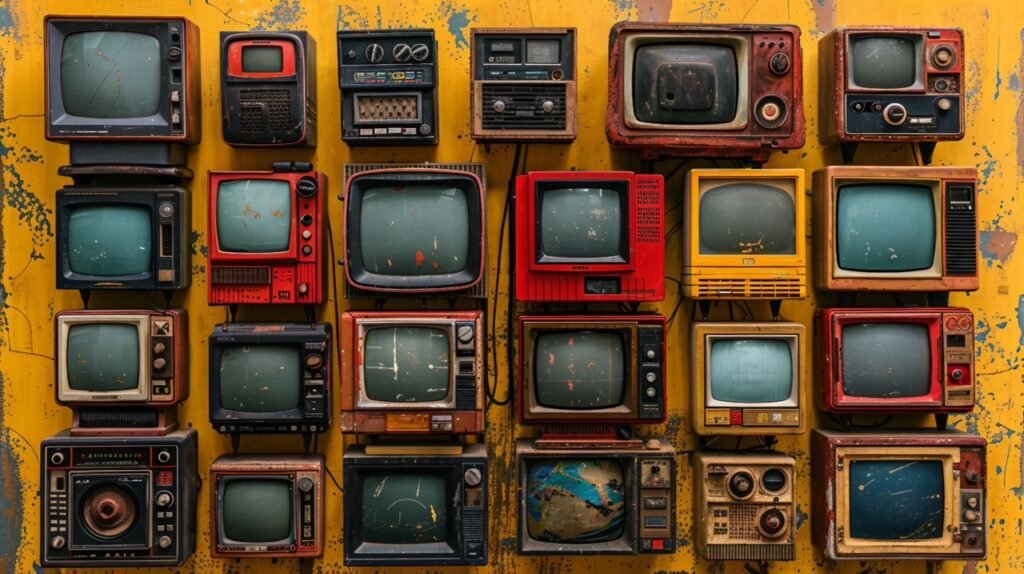 Classic TV Display – Red Vintage Analog TVs Arranged in Lines on Yellow Background Stock Photo