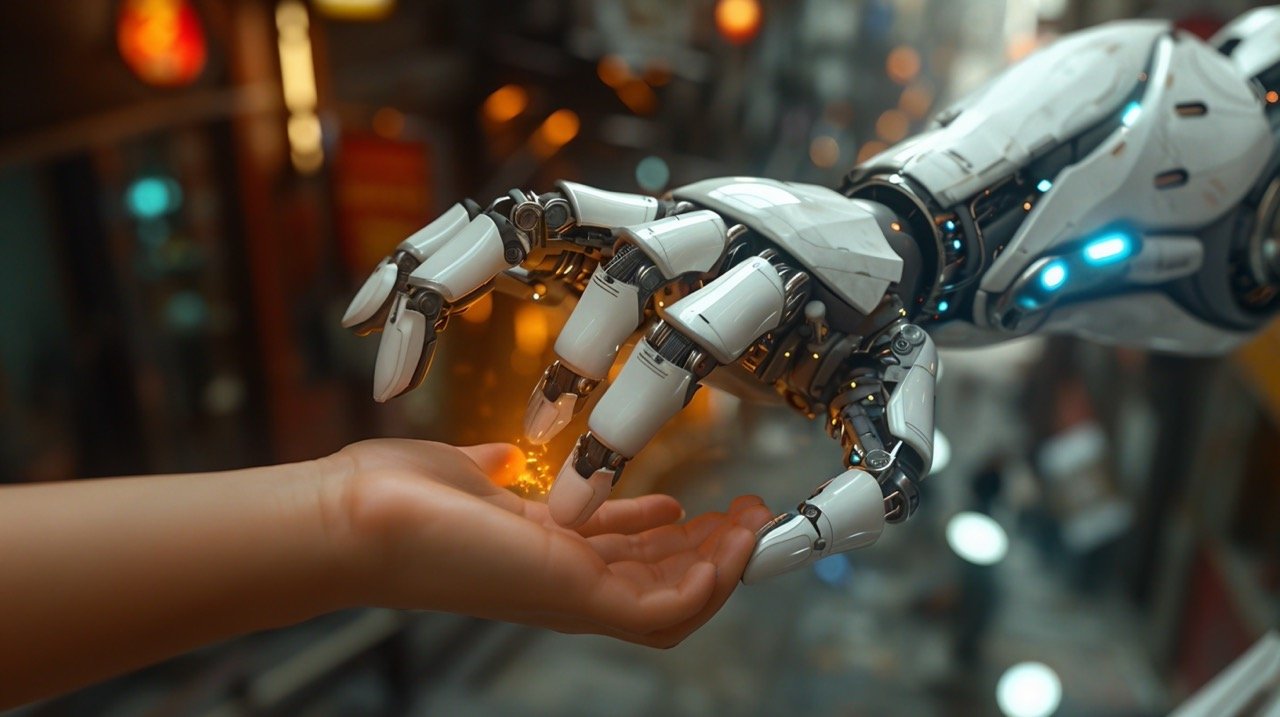 Close-Up Robot Holding Child’s Hand – Stock Photo of Robot Hand Touching Child’s Fingertips