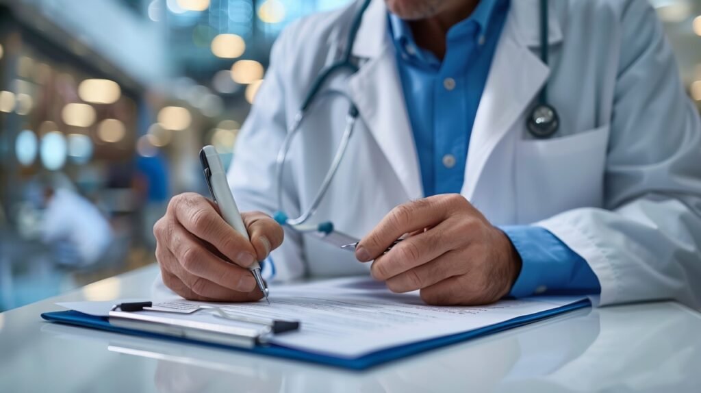 Close-Up of Doctor’s Clipboard – Healthcare Professional Writing Notes – Stock Photo